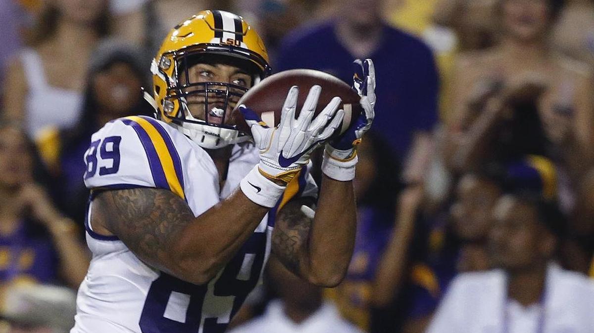 LSU tight end Desean Smith (89) pulls in a touchdown reception in the first half against Jacksonville State in Baton Rouge, La., on Sept. 10, 2016.