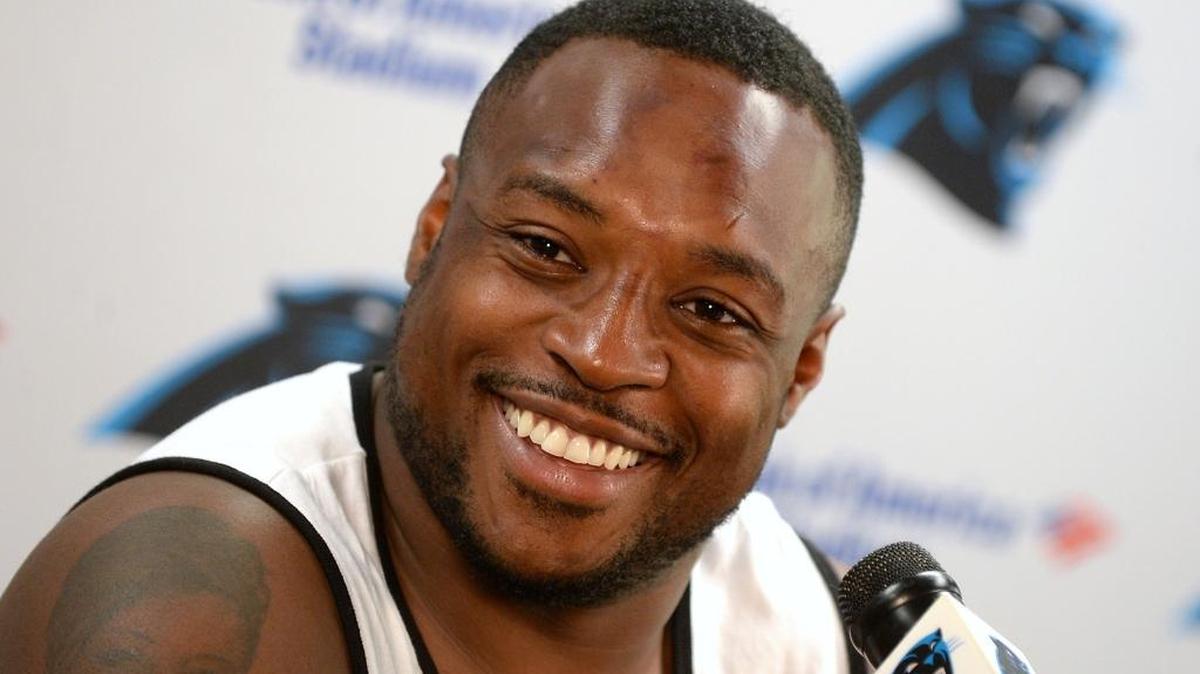 Carolina Panthers fullback Mike Tolbert addresses the media Monday in Spartanburg. Tolbert is entering his ninth season in the NFL, his fifth with the Panthers.