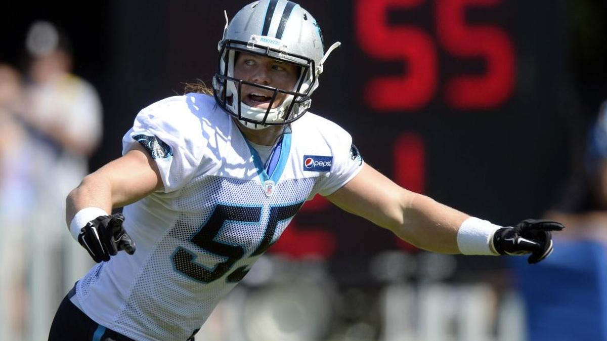 
Carolina Panthers linebacker David Mayo (55) reacts to a play during a morning practice at Carolina Panthers Training Camp at Wofford College in Spartanburg.
