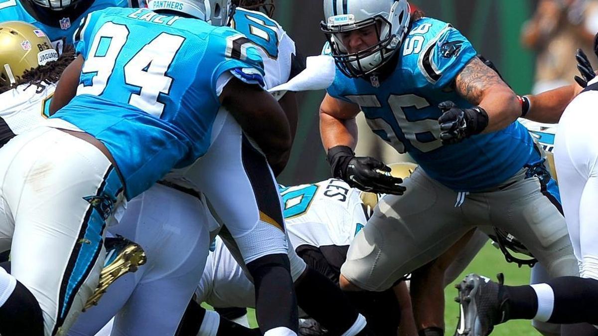 
In the Week 1 win against the Jacksonville Jaguars, Carolina Panthers linebacker A.J. Klein, right, logged 37 of a possible 67 snaps on defense, while first-round draft pick Shaq Thompson played 17 snaps without recording a defensive statistic.


