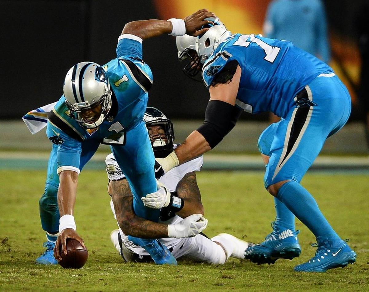 When Carolina Panthers tackle Matt Kalil (75) makes a mistake, everyone sees. A sack by Philadelphia Eagles defensive end Derek Barnett was undoubtedly noticed in an October game at Bank of America Stadium.