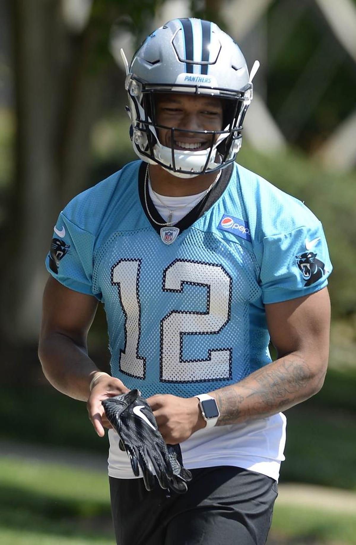Receiver D.J. Moore takes the field for Day 1 of the Carolina Panthers’ rookie mini camp on Friday. Moore was the Panthers’ first-round pick in the NFL draft last month.