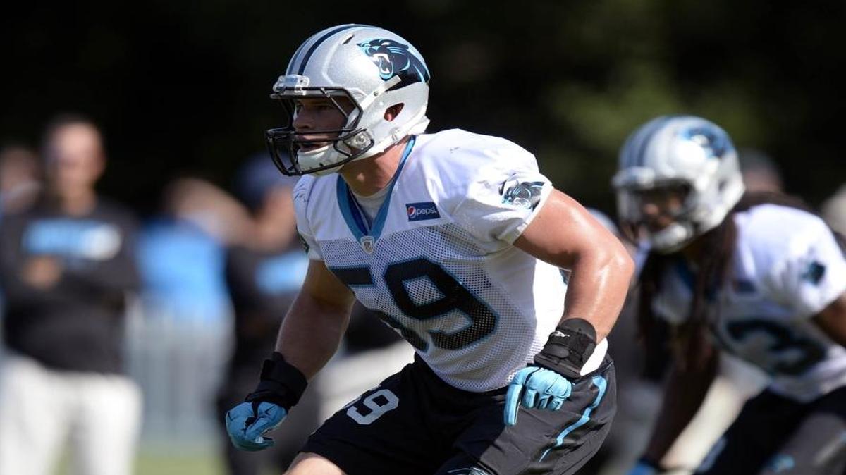 
Carolina Panthers' Luke Kuechly (59) prepares for a play during a drill in morning practice at Carolina Panthers Training Camp at Wofford College in Spartanburg, SC on Wednesday, August 12, 2015. 
