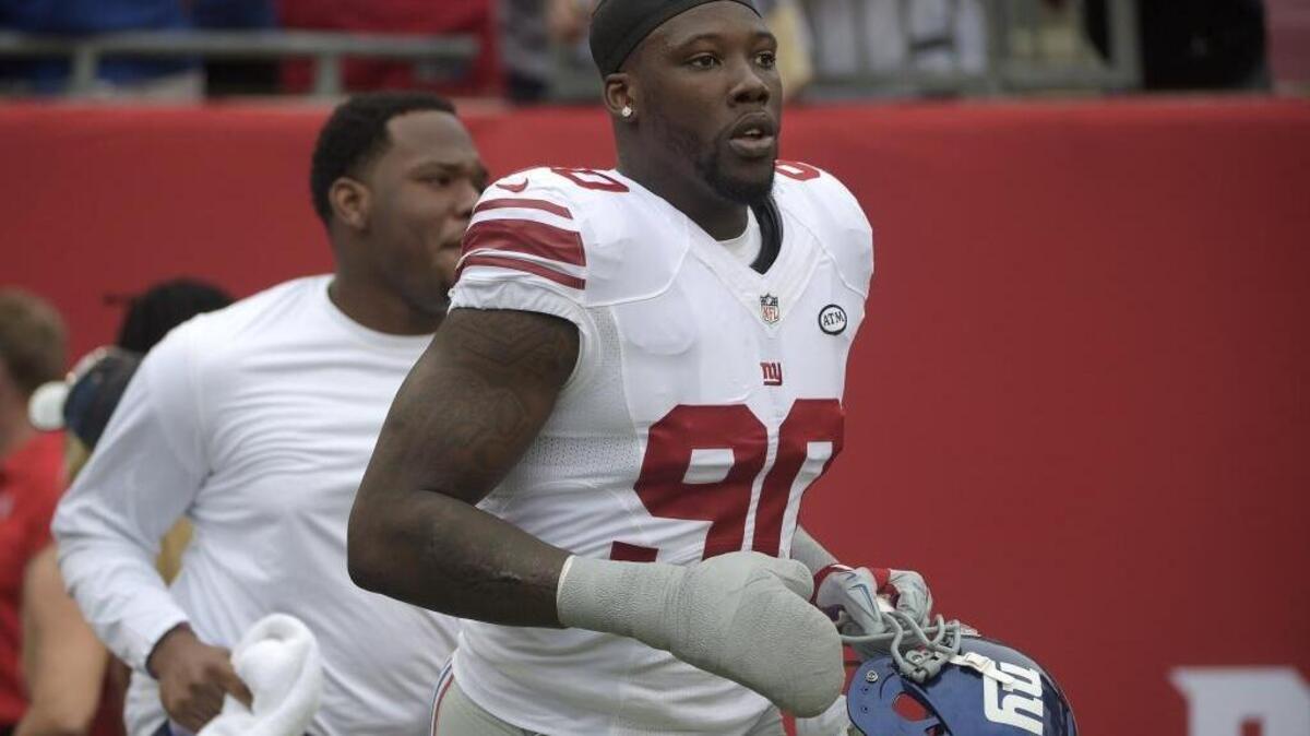 New York Giants defensive end Jason Pierre-Paul (90) could be of interest to the Carolina Panthers – if they believe his injured hand won’t be an issue.