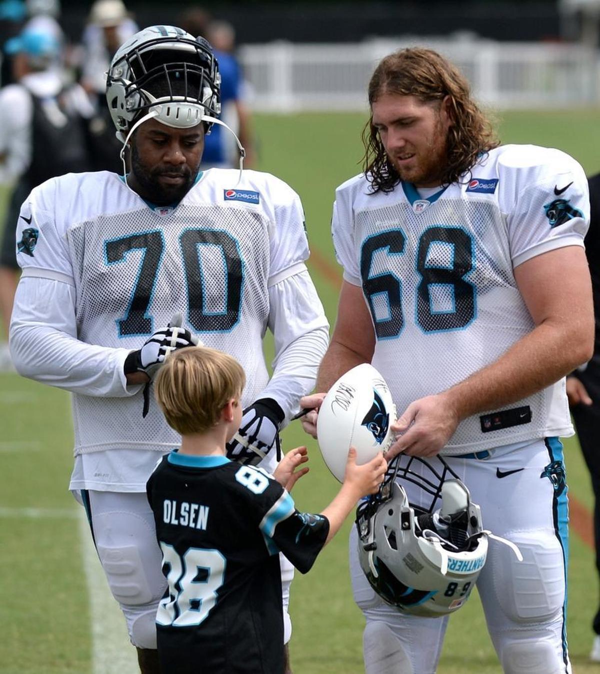 Carolina Panthers guard Andrew Norwell (68) played well enough for the Panthers that his fate was decided when Trai Turner (70) signed a big deal last summer.