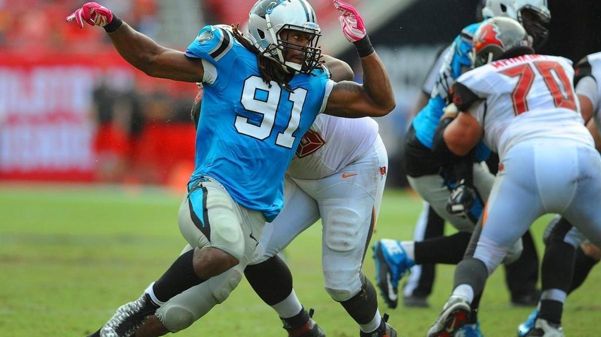 Ryan Delaire had two sacks in his Panthers debut at Tampa Bay last October after Carolina signed him from Washington’s practice squad. Above, Delaire races around the corner in pursuit of Bucs quarterback Jameis Winston.