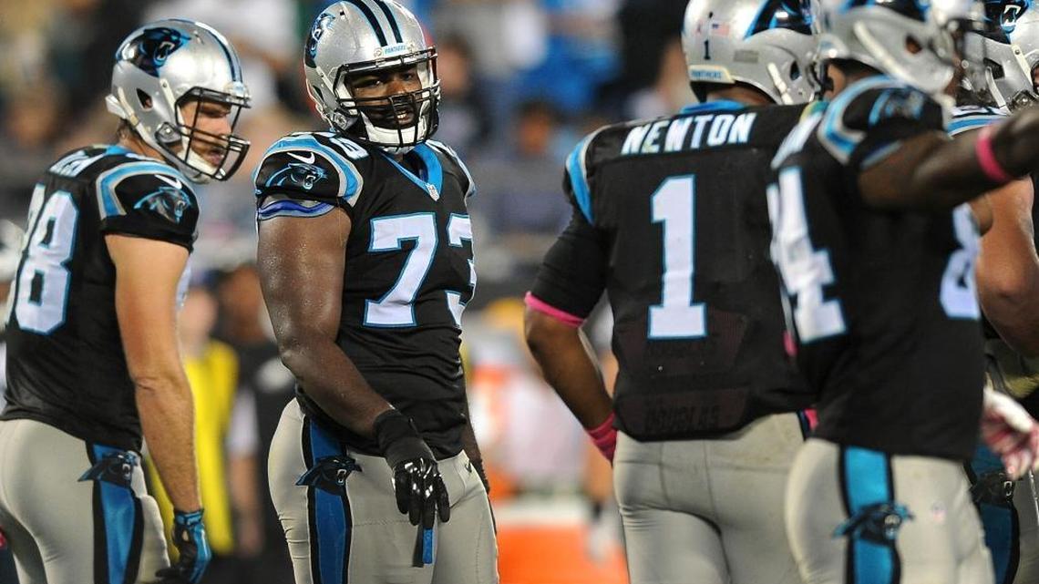A year after taking a phone call from Cam Newton following his release from the Tennessee Titans, Panthers left tackle Michael Oher, second from left, finds himself in position to win his second Super Bowl ring.