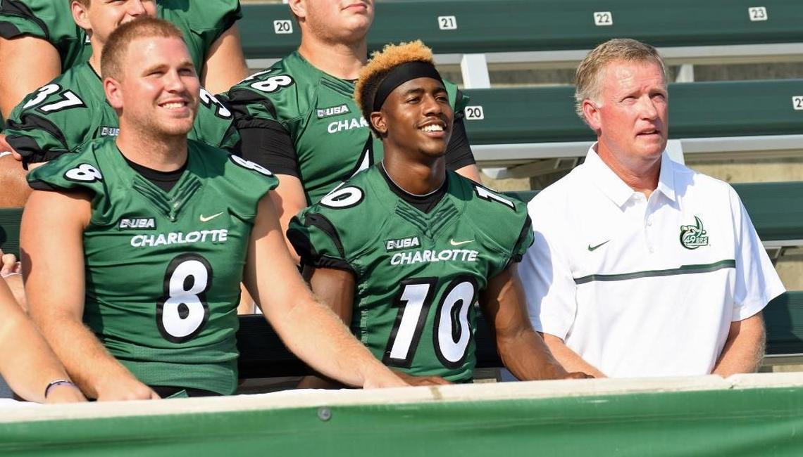 When Charlotte head coach Brad Lambert (far right) pitched Austin Duke (10, center) on joining the 49ers’ inaugural 2012 class, Duke thought he was joking.