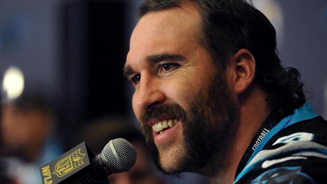 Carolina Panthers defensive end Jared Allen smiles as he answers a reporter's question during a press conference on Tuesday in San Jose.