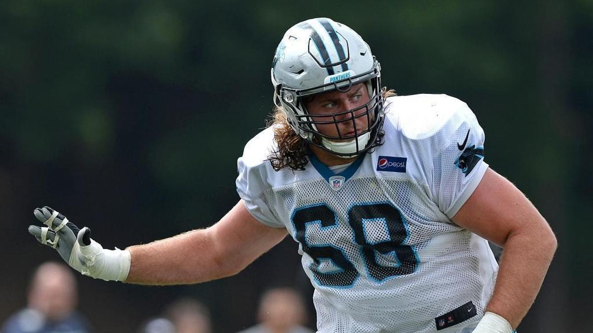 Carolina Panthers guard Andrew Norwell looks to block a defender during practice at Wofford College in Spartanburg, SC on Wednesday, August 2, 2017. Norwell reportedly will sign with Jacksonville in free agency for a five-year, $65.5 million deal that will make him the league’s highest-paid guard.