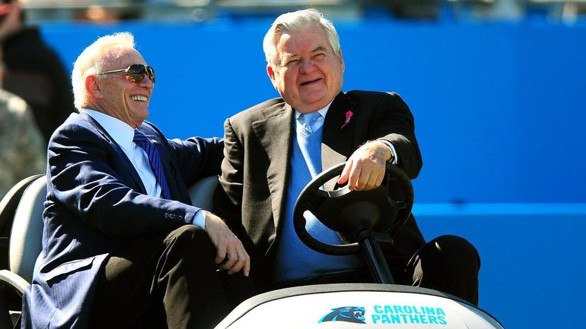 Dallas Cowboys owner Jerry Jones and Carolina Panthers owner Jerry Richardson (right), pictured here in 2012, are two of the NFL’s most prominent owners, and Jones said he was “very sad” to learn of Richardson’s decision to sell the team after the 2017-2018 NFL season.