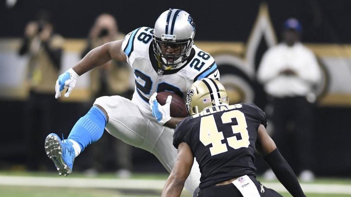 Carolina Panthers running back Jonathan Stewart (28) tries to gain yards against New Orleans Saints free safety Marcus Williams (43) during the first half in their NFC Wild Card playoff game. Stewart was released by the team on Wednesday.