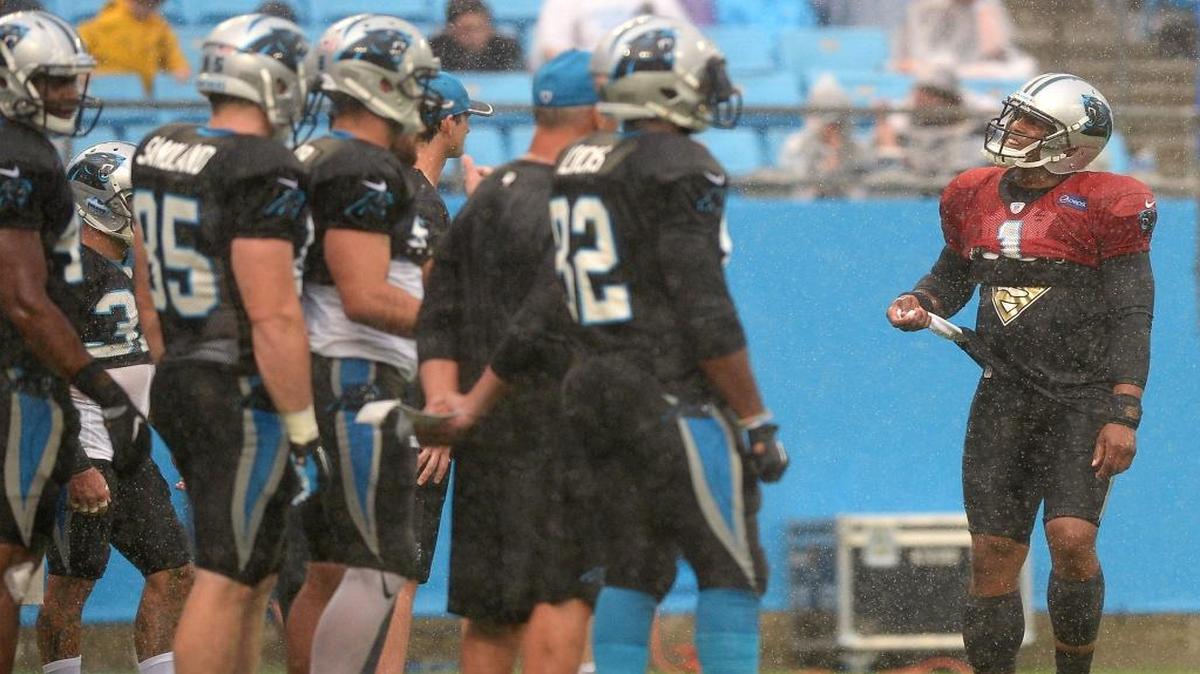 Carolina Panthers quarterback Cam Newton, right, looks up toward the sky during a downpour at Bank of America Stadium on Friday in Charlotte, N.C., during the team's Fan Fest.