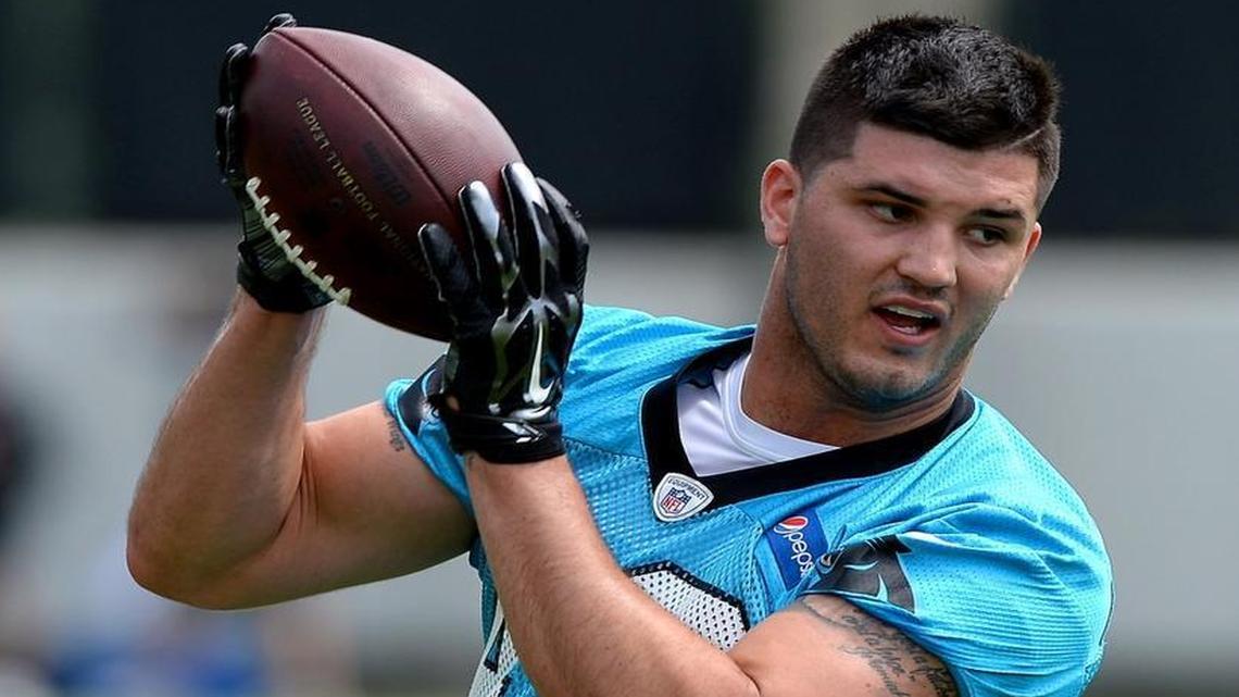 Tight end Braxton Deaver catches a pass during the Carolina Panthers’ rookie minicamp, where he performed well enough to earn a spot on the team’s 90-man summer roster.