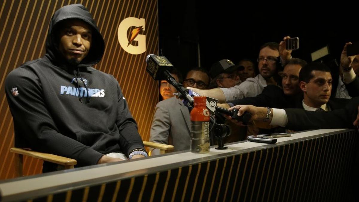 Carolina Panthers Cam Newton answers questions after Super Bowl 50 on Feb. 7 in Santa Clara, Calif. The Panthers lost 24-10 to the Denver Broncos.