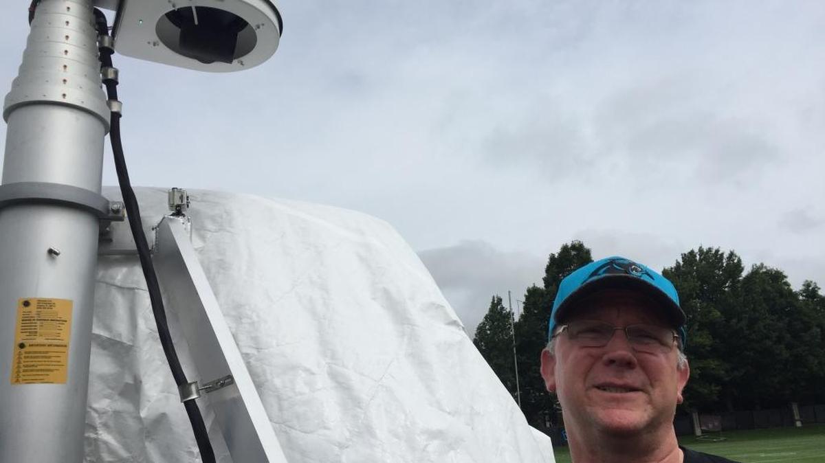 Panthers video director Mark Hobbs is using three new telescoping cameras this spring to record practices during OTAs. Hobbs says nearly every NFL team now uses the telescoping system.
