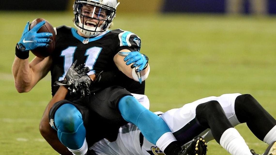 Carolina Panthers wide receiver Brenton Bersin grimaces as he is tackled by Baltimore Ravens cornerback Sheldon Price during second quarter action vs the Baltimore Ravens at M&T Stadium in Baltimore, MD. on Thursday, August 11, 2016.