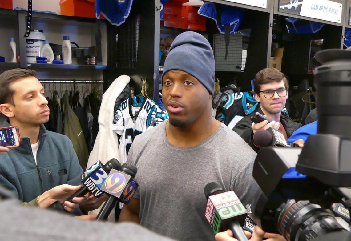 In January, running back Jonathan Stewart is surrounded by reporters as the Panthers cleaned out their lockers at Bank of America Stadium following the team’s first-round playoff loss to New Orleans. Stewart joined the New York Giants in the offseason.
