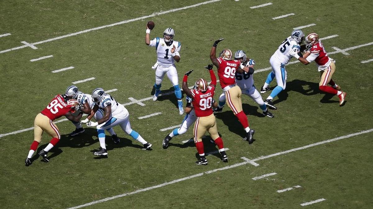 Carolina Panthers quarterback Cam Newton (1) targeted eight different receivers in Sunday’s 23-3 victory over San Francisco, but there was a gap in production between Christian McCaffrey, Jonathan Stewart and the rest.
