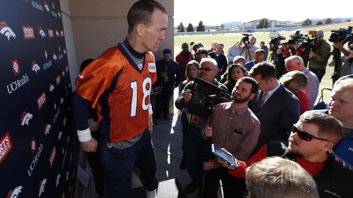 Denver Broncos quarterback Peyton Manning speaks with media following practice Thursday.