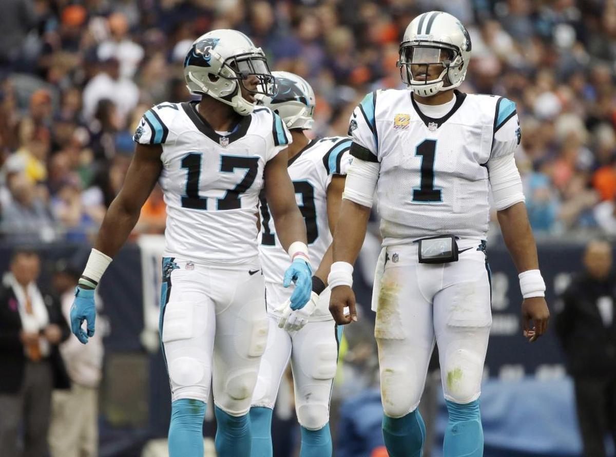 Carolina Panthers quarterback Cam Newton (1) will lean more on wide receiver Devin Funchess (17) with Kelvin Benjamin having been traded to Buffalo.