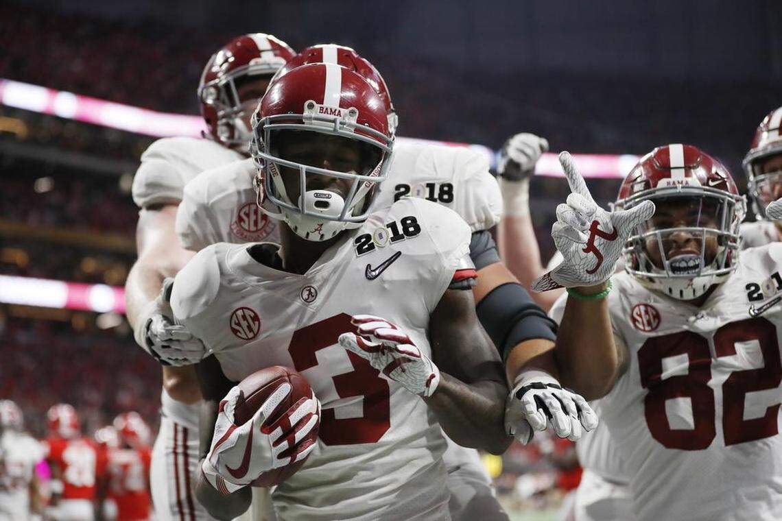Alabama's Calvin Ridley (3) celebrates his touchdown catch during the second half of the NCAA college football playoff championship game against Georgia in January. Ridley could be hard for the Carolina Panthers to pass on, if available at No. 24.