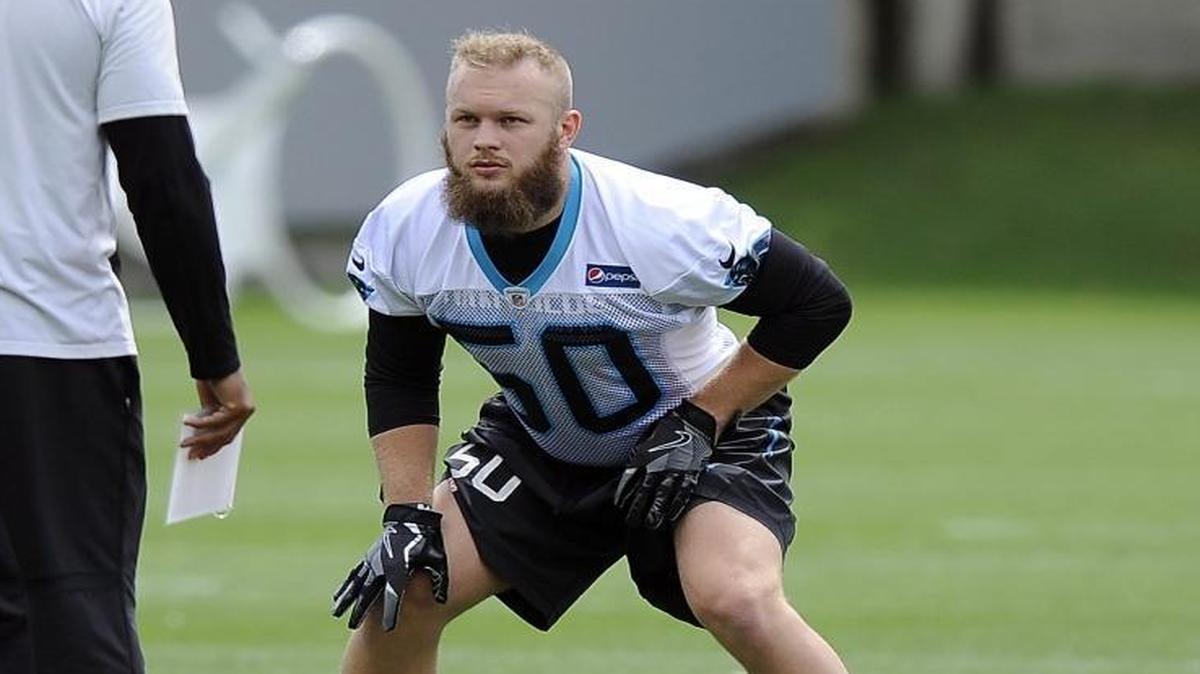 Carolina Panthers linebacker Ben Boulware lines up for a play during the first session of the team’s rookie camp on Friday.