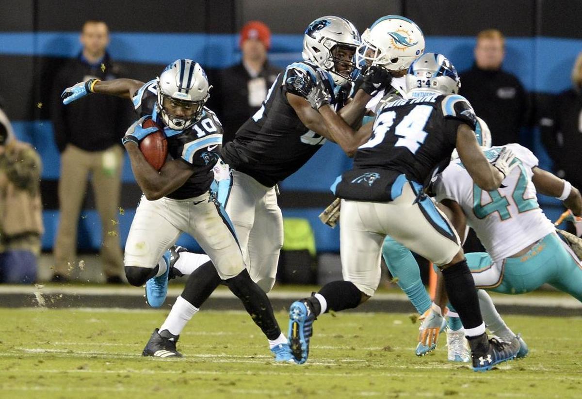 Carolina Panthers wide receiver Curtis Samuel (10) returns the ball against the Miami Dolphins in the first half at Bank of America Stadium on Monday, November 13, 2017. Samuel was hurt in the game and finished the season on injured reserve.