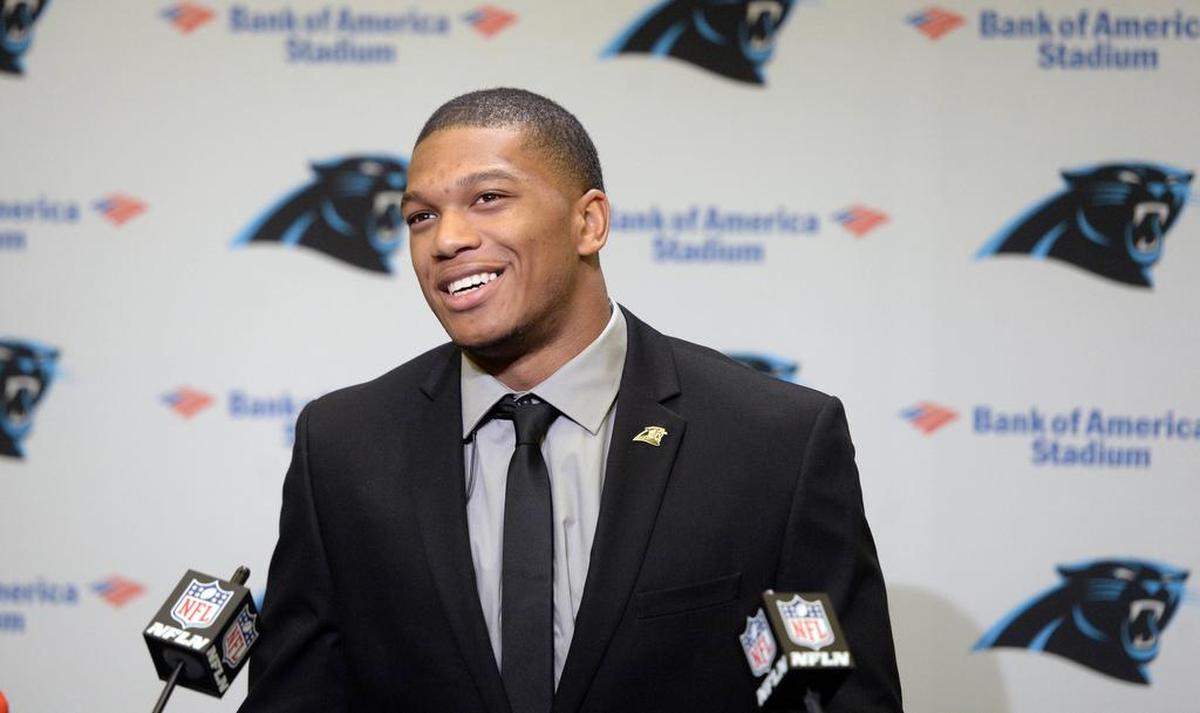 Carolina Panthers 2018 first-round draft pick D.J. Moore smiles as he answers a question from the media at Bank of America Stadium on Friday. The Maryland wide receiver was the 24th pick in the 2018 NFL Draft.