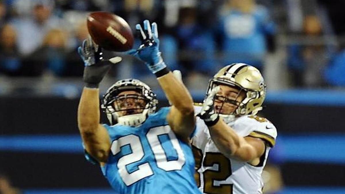 Carolina Panthers strong safety Kurt Coleman intercepts a pass intended for New Orleans Saints tight end Coby Fleener in a Nov. 17 game.