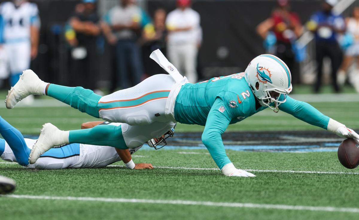 Dolphins linebacker Bradley Chubb extends to reach for the loose ball that Panthers quarterback Bryce Young lost control of during the game at Bank of America Stadium in Charlotte on Sunday, October 5, 2025