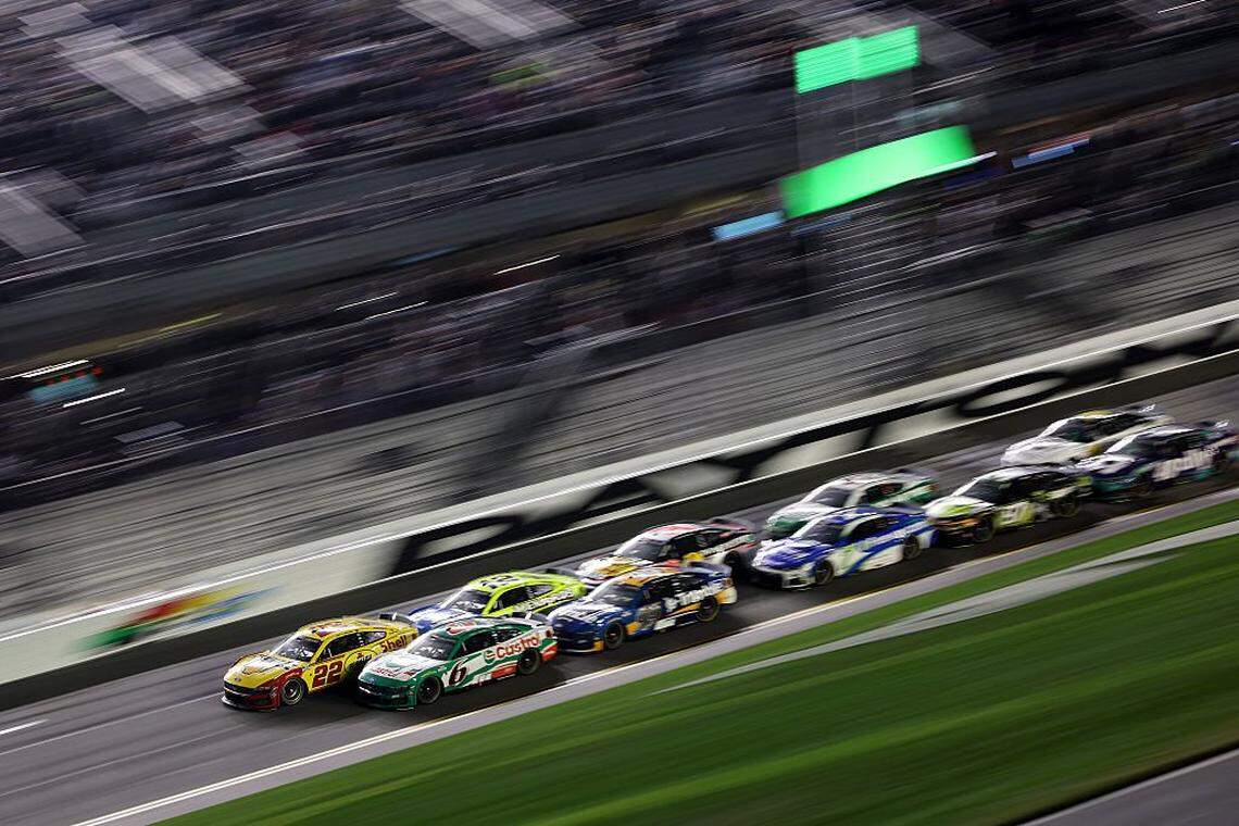 Joey Logano, driver of the No. 22 Shell Pennzoil Ford, and Brad Keselowski, driver of the No. 6 Castrol Ford, race during Duel 1 for the NASCAR Cup Series Daytona 500 at Daytona International Speedway on Feb. 12, 2026, in Daytona Beach, Florida.