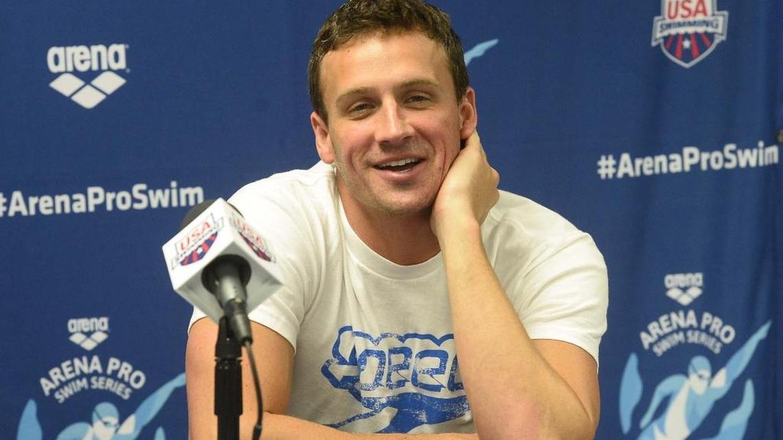 Olympic gold medalists Ryan Lochte, speaks to reporters at a news conference, May 12,2016, to preview Arena Pro Swim Series at Mecklenburg County Aquatic Center.