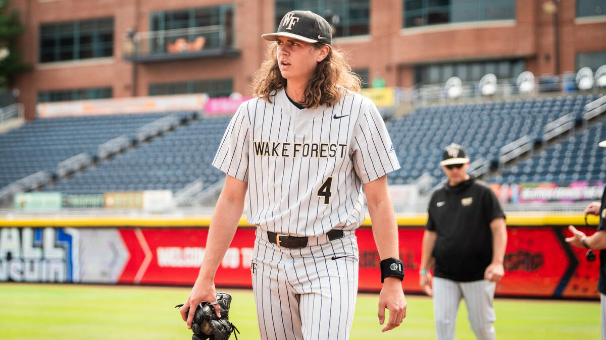 Wake Forest ace Rhett Lowder, pictured here before an ACC tournament contest against Pitt, is a perfect 14-0 on the season heading into Wake Forest’s Super Regional series against Alabama, which begins at noon Saturday, June 10, 2023.