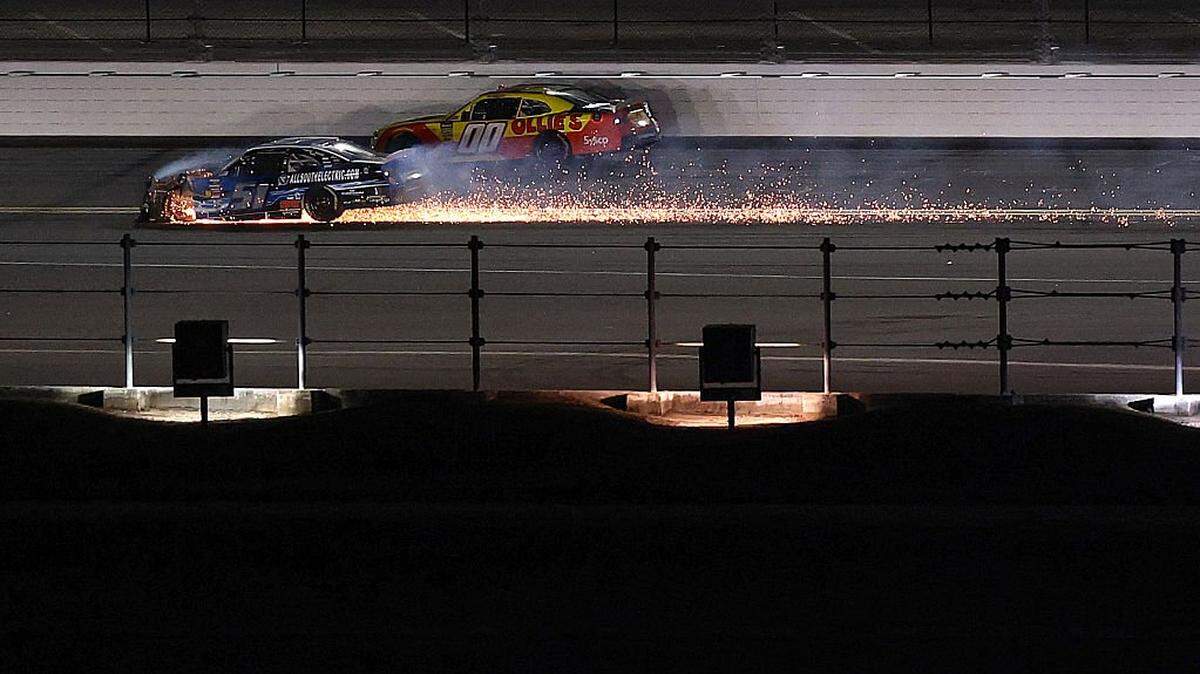 DAYTONA BEACH, FLORIDA - FEBRUARY 14: Jeremy Clements, driver of the #51 All South Electric/One Stop Chevrolet, spins after an on-track incident during the NASCAR O'Reilly Auto Parts Series United Rentals 300 at Daytona International Speedway on February 14, 2026 in Daytona Beach, Florida. (Photo by Kevin C. Cox/Getty Images)