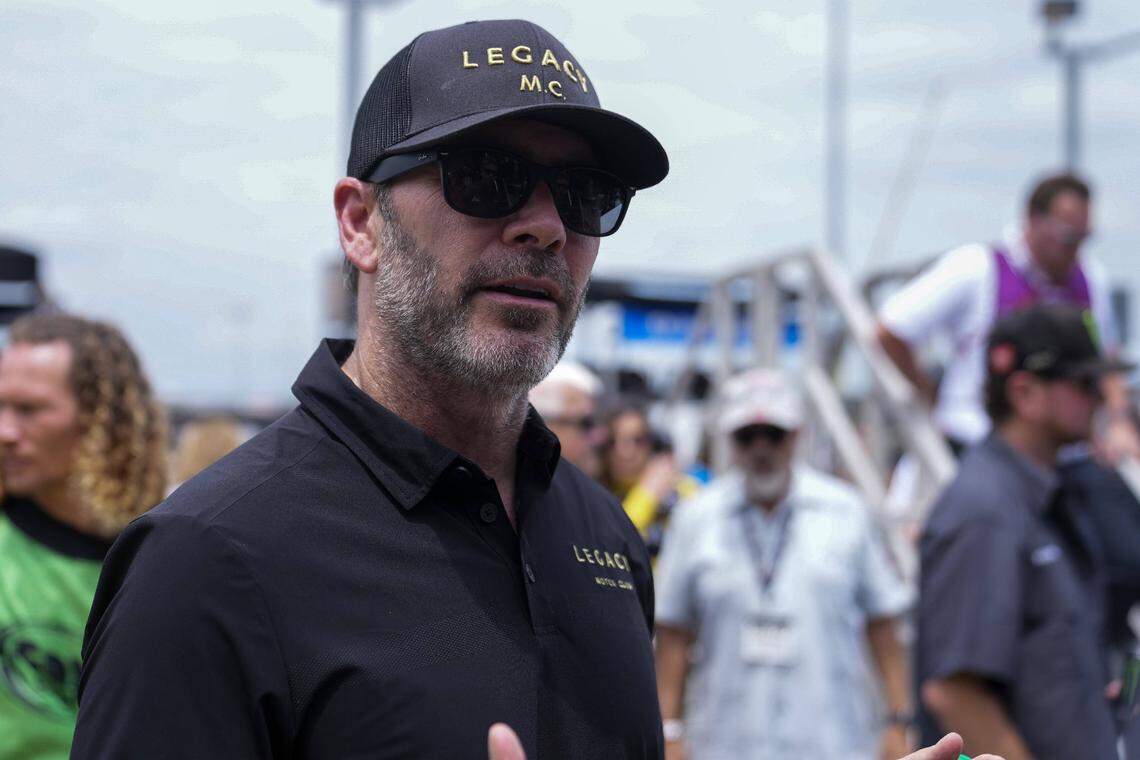 May 14, 2023; Darlington, South Carolina, USA; Jimmie Johnson pre-race at Darlington Raceway. Mandatory Credit: David Yeazell-USA TODAY Sports