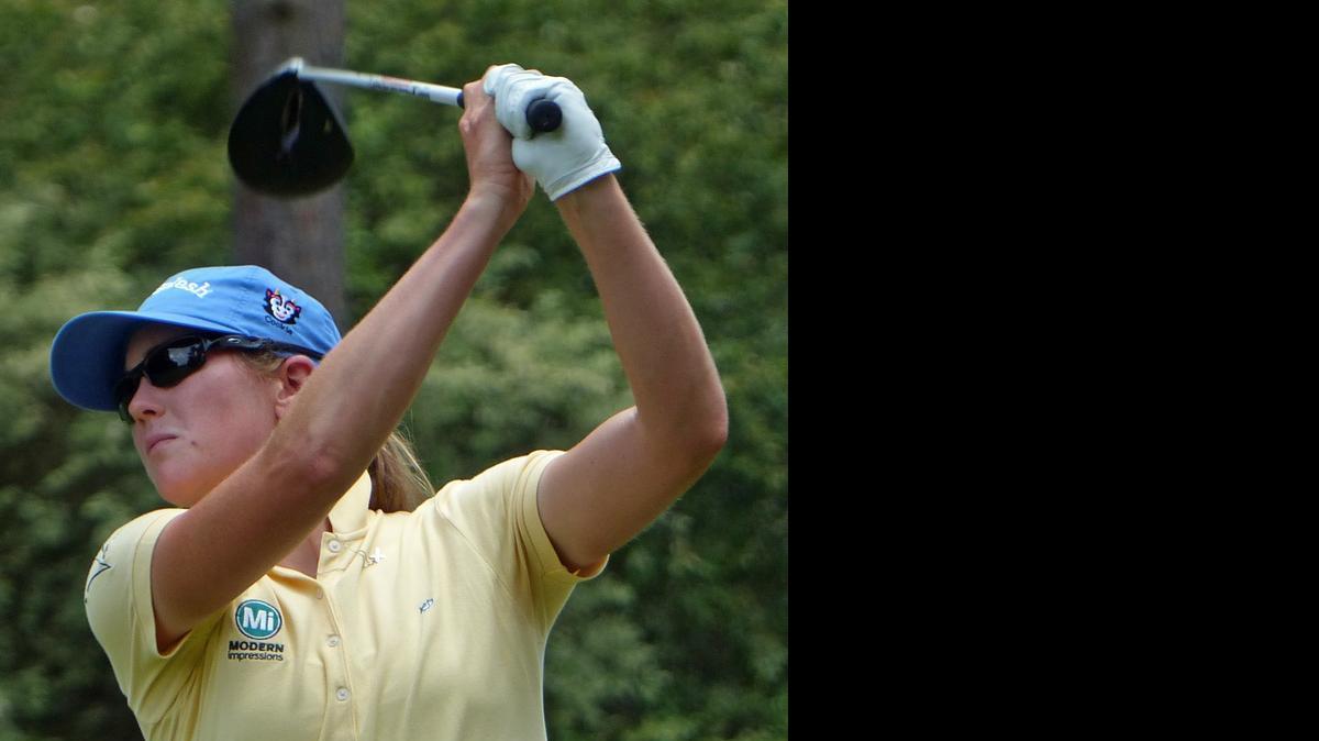 
Concord native Cydney Clanton watches her drive off the third tee during the Symetra Classic's pro-am tournament, held Tuesday, May 19, 2015, at Raintree Country Club. 
