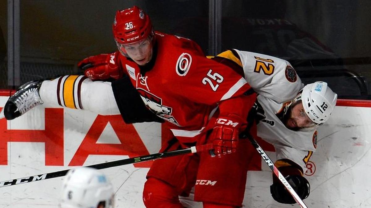 Charlotte Checkers right wing Valentin Zykov, left in this file photo, and Julien Gauthier, each scored two goals in Saturday’s 7-1 rout of the Binghamton Devils.