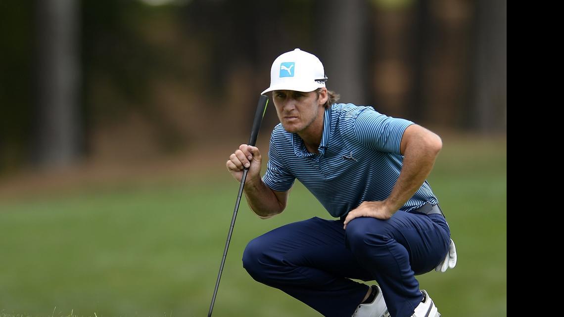 
Will MacKenzie lines up his putt on the first green during second round action of the Wells Fargo Championship at Quail Hollow Club.
