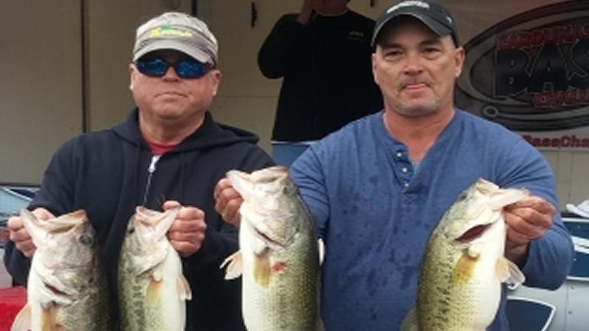 The Darlington duo of Joey Bramlett (left) and Barry Holloman scored big in a Carolinas Bass Challenge Series tournament Saturday at Lake Wateree. The South Carolinians caught a tourney limit of five largemouth weighing 24 pounds to top a field of 121 teams. Their largemouth of 7.86 took the big fish bonus and pushed their winnings to $10,550. The fish were released after being weighed.