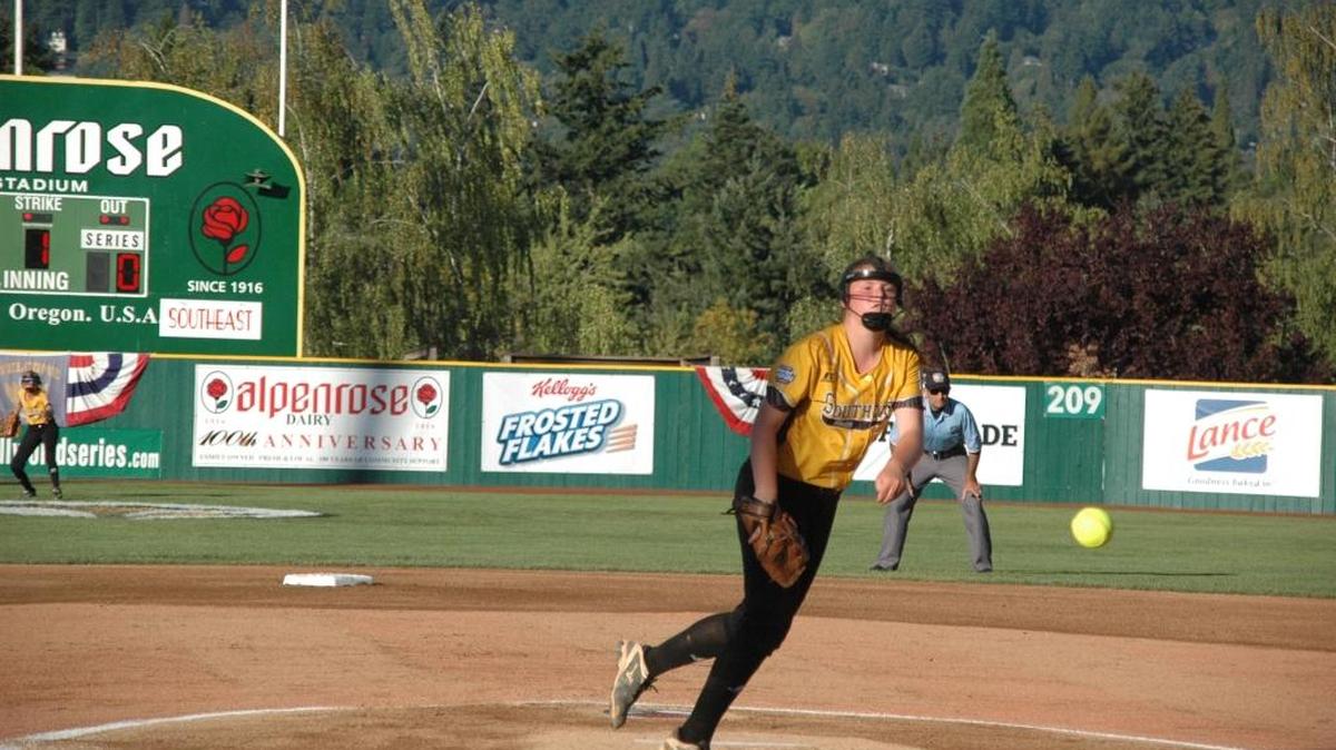 Rowan Little League All-Star Taylor Walton fires a pitch during Wednesday's Little League Softball World Series game against Greater Helotes, Texas at Alpenrose Stadium in Portland.