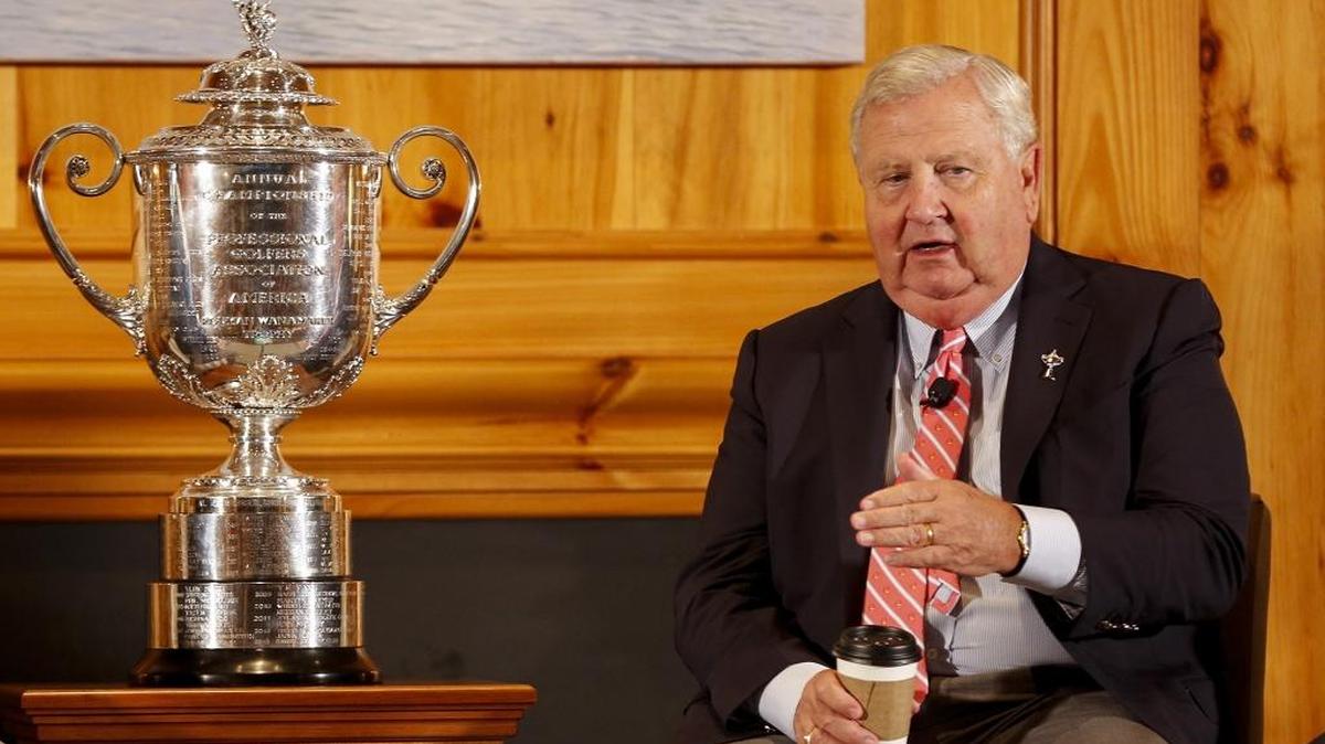 Quail Hollow Club President Johnny Harris, sitting next to the Wanamaker Trophy, discusses changes made at the golf course during Monday’s PGA Championship Media Day. In August, Quail Hollow will host the 99th PGA Championship.