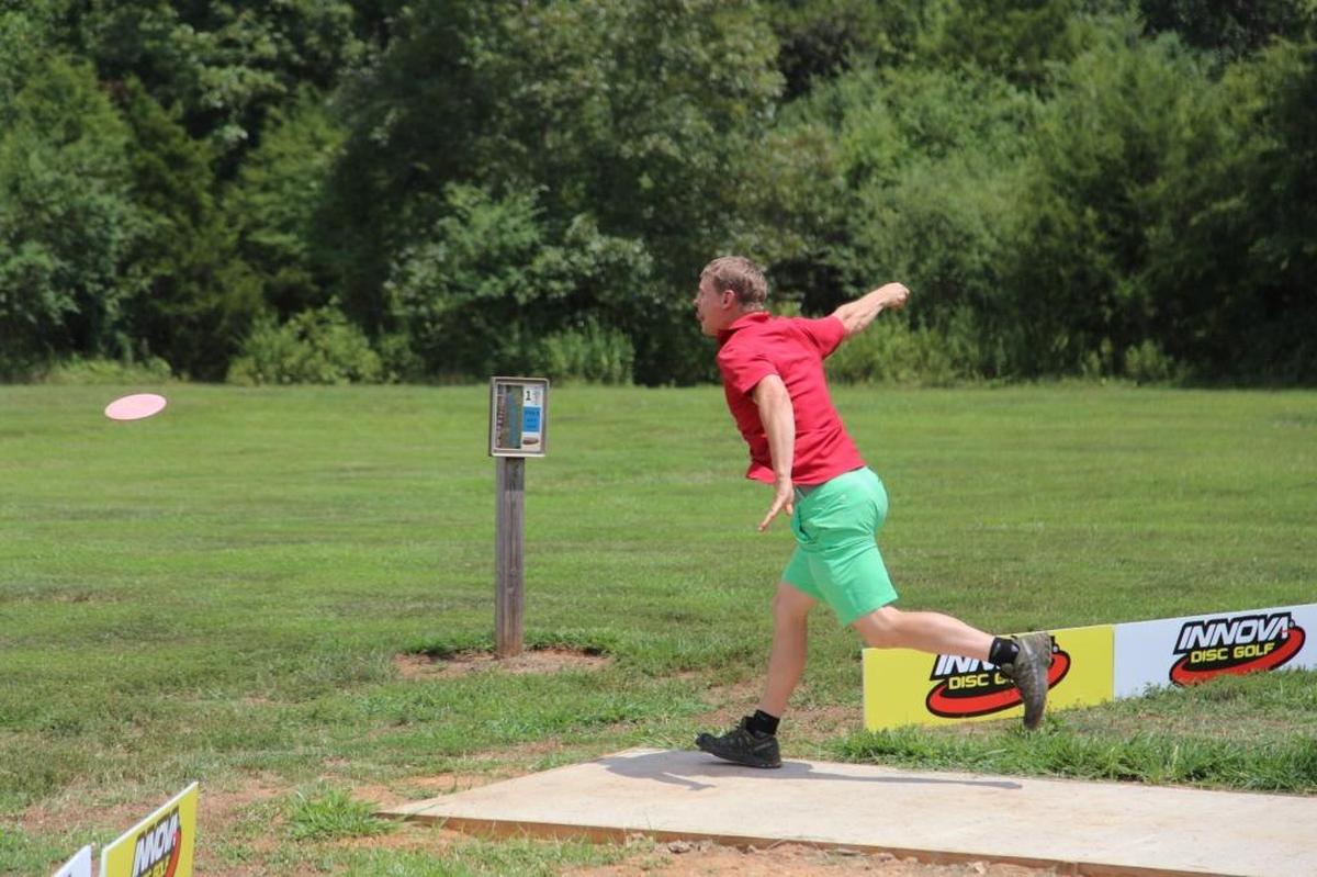 Charlotte’s Mark Huether tees off on the first hole of the final round held at Renaissance Park on Saturday, July 28, 2018. Huether won the Masters 40 and older age group Amateur World Championship. He shot a -50 over 8 rounds, the lowest score of the 108 competitors in that age group.