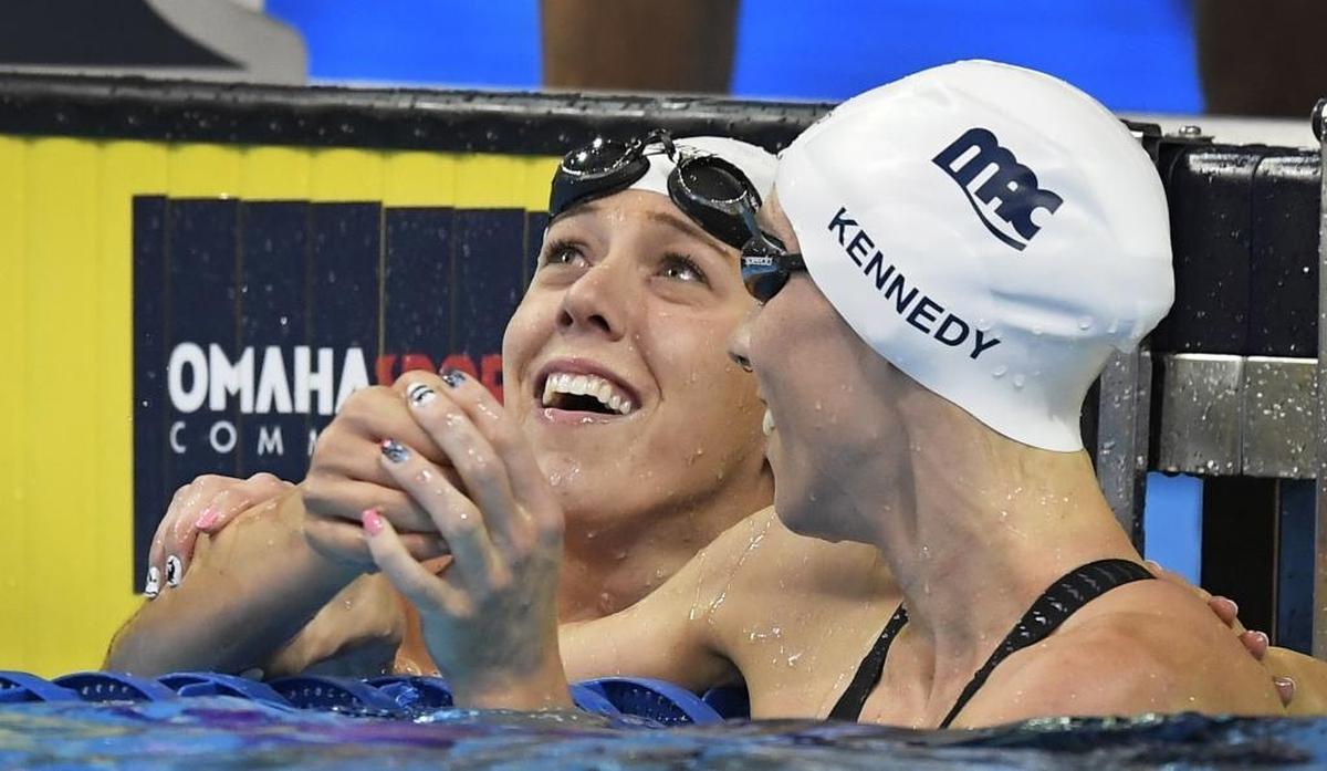 Abbey Weitzeil, left, reacts with Madison Kennedy, right, after winning the women’s 50-meter freestyle at the U.S. Olympic swimming trials, Sunday, July 3, 2016, in Omaha, Neb. (AP Photo/Mark J. Terrill)