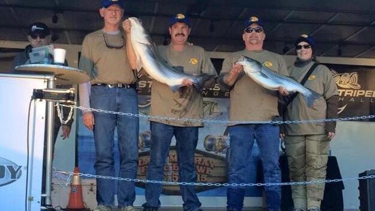 Jim Carver, Wes Gilmore, Rob Hedrick and April Hedrick (left to right), whose team went by the name of “Bait Hooked,” won the inaugural Striped Bass Challenge tournament at Lake Murray on Saturday. They boated the tournament limit of two stripers, fish weighing 26.50 and 11.56 pounds, for a total of 38.06. The pro division catch gave them a haul of $28,000 cash and an ATV valued at $11,000. They won first place overall and the big fish pot, and April Hedrick was tops among women anglers.