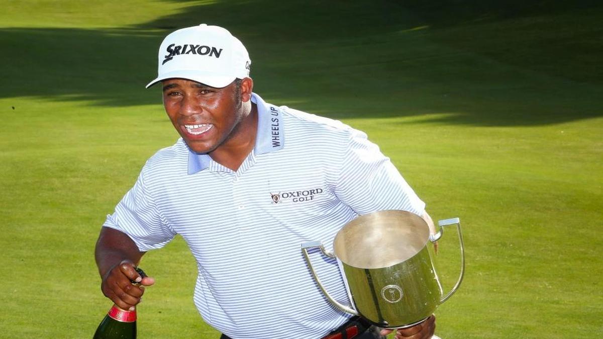 Harold Varner III celebrates winning the Australian PGA Championship at Royal Pines, Gold Coast on Saturday.