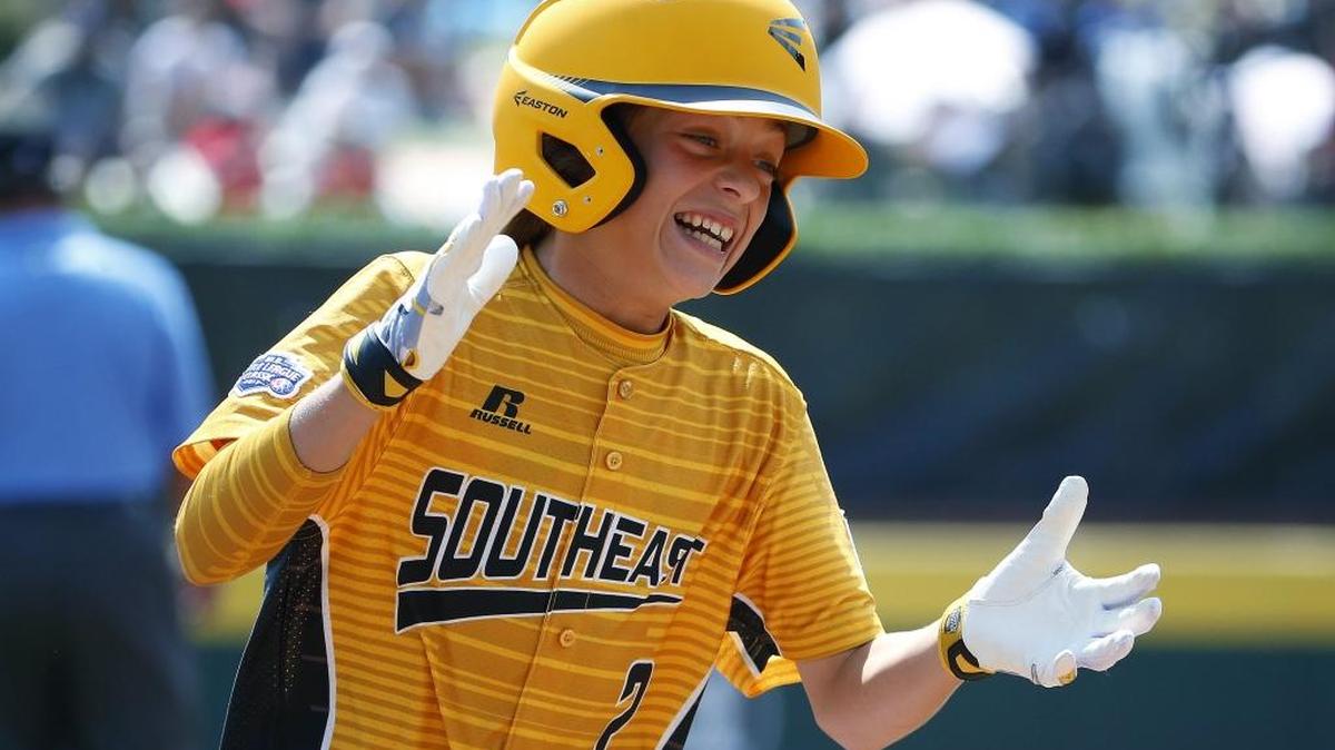 Greenville, N.C.'s JoeJoe Byrne celebrates as he rounds third base after hitting a solo homer off Rancho Santa Margarita, Calif., on Sunday in the second inning of U.S. pool play at the Little League World Series in South Williamsport, Pa. North Carolina won 16-0.