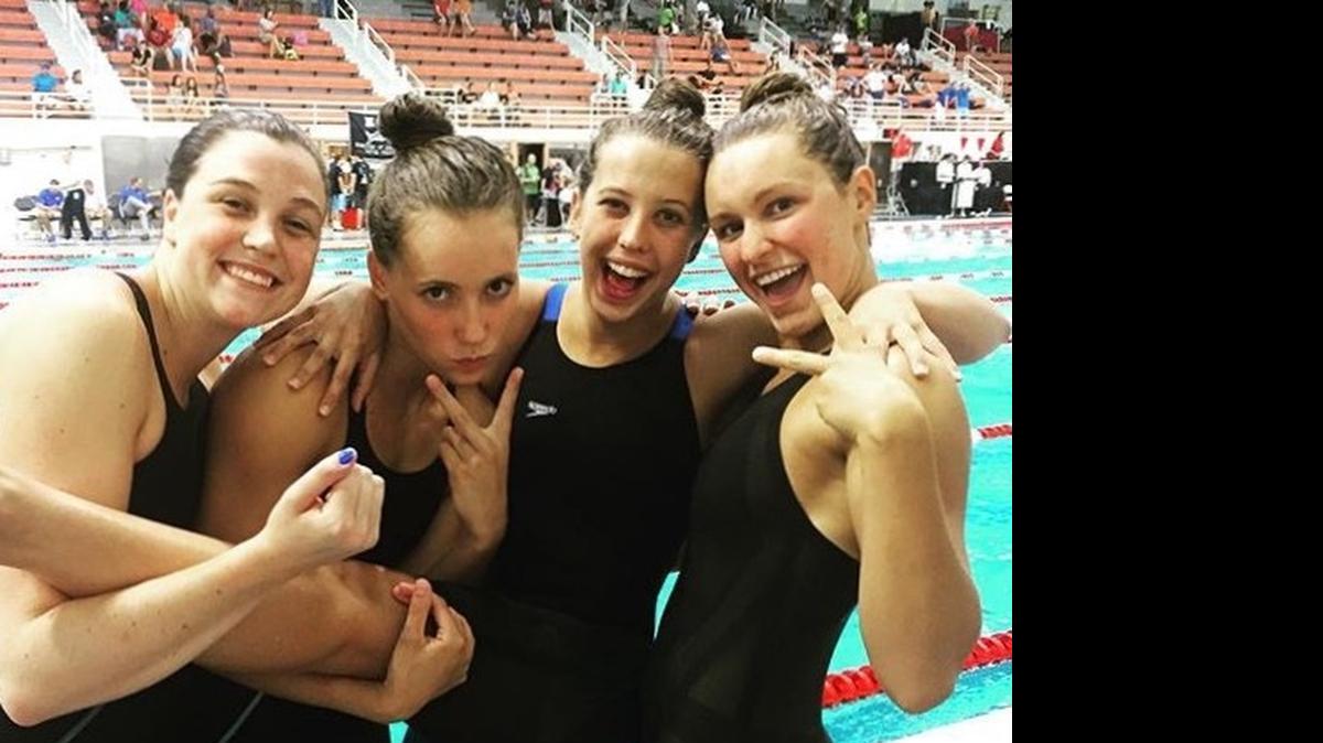 
The 17-18 girls 4x100 freestyle relay team from SwimMAC Carolina set a national record on Friday at the Long Course Speedo Sectionals in Athens, Ga. They are, from left to right, Rebecca Postoll, Alyssa Marsh, Kathleen Baker and Jessica Merritt.
