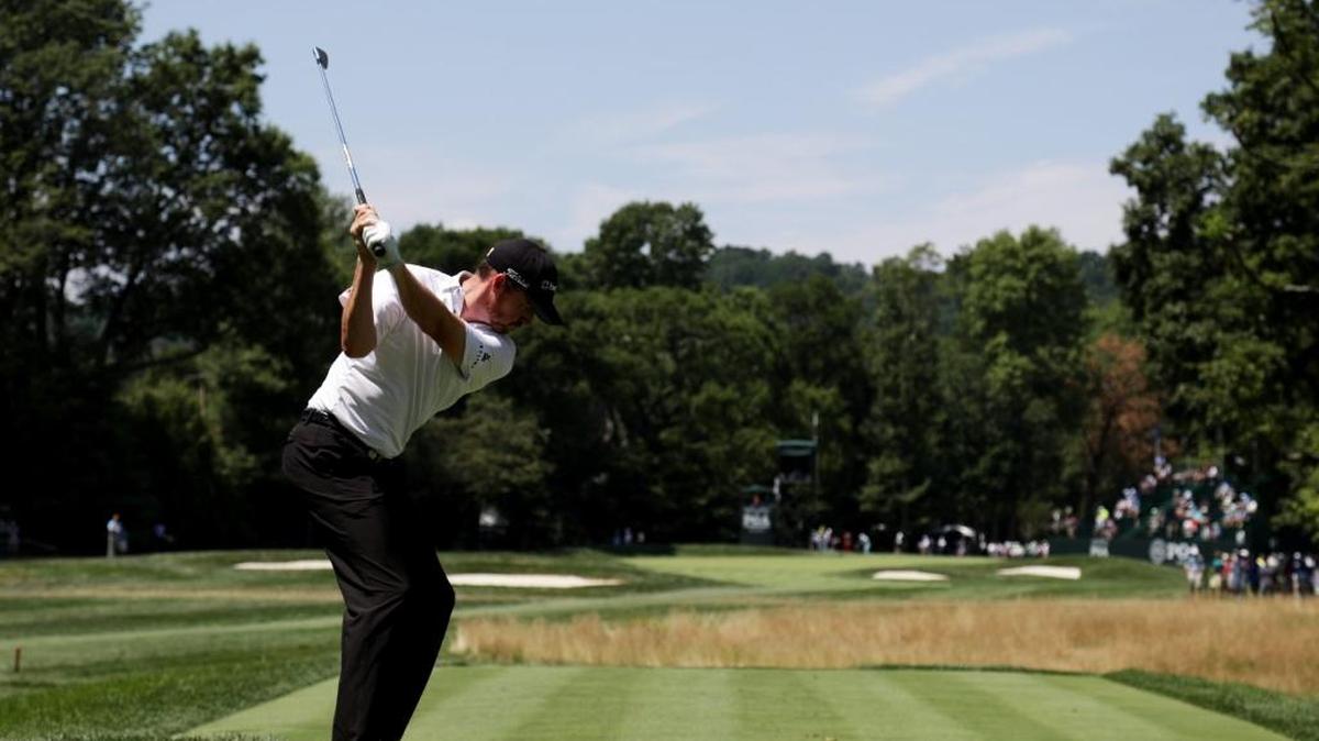 Jimmy Walker hits from the ninth tee during the first round of the PGA Championship at Baltusrol Golf Club. Walker leads the tournament by one shot.