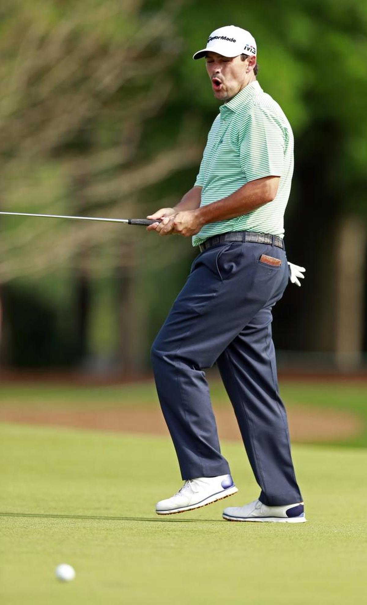 Johnson Wagner, reacting after a missed putt on the ninth hole, shot a 4-under 67 to share second place with Paul Malnati, Tyrrell Hatton, Kyle Stanley and Brian Mitchell in Thursday’s first round of the Well Fargo Championship.